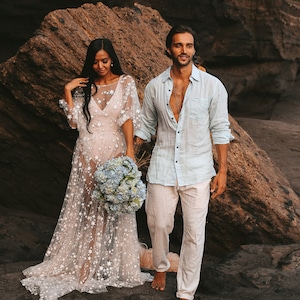 Counting Stars Boho Wedding Dress by Boom Blush. Unique Vintage Bohemian Backless Bridal Gown 2024 with Long Sleeves, Backless Celestial image 3