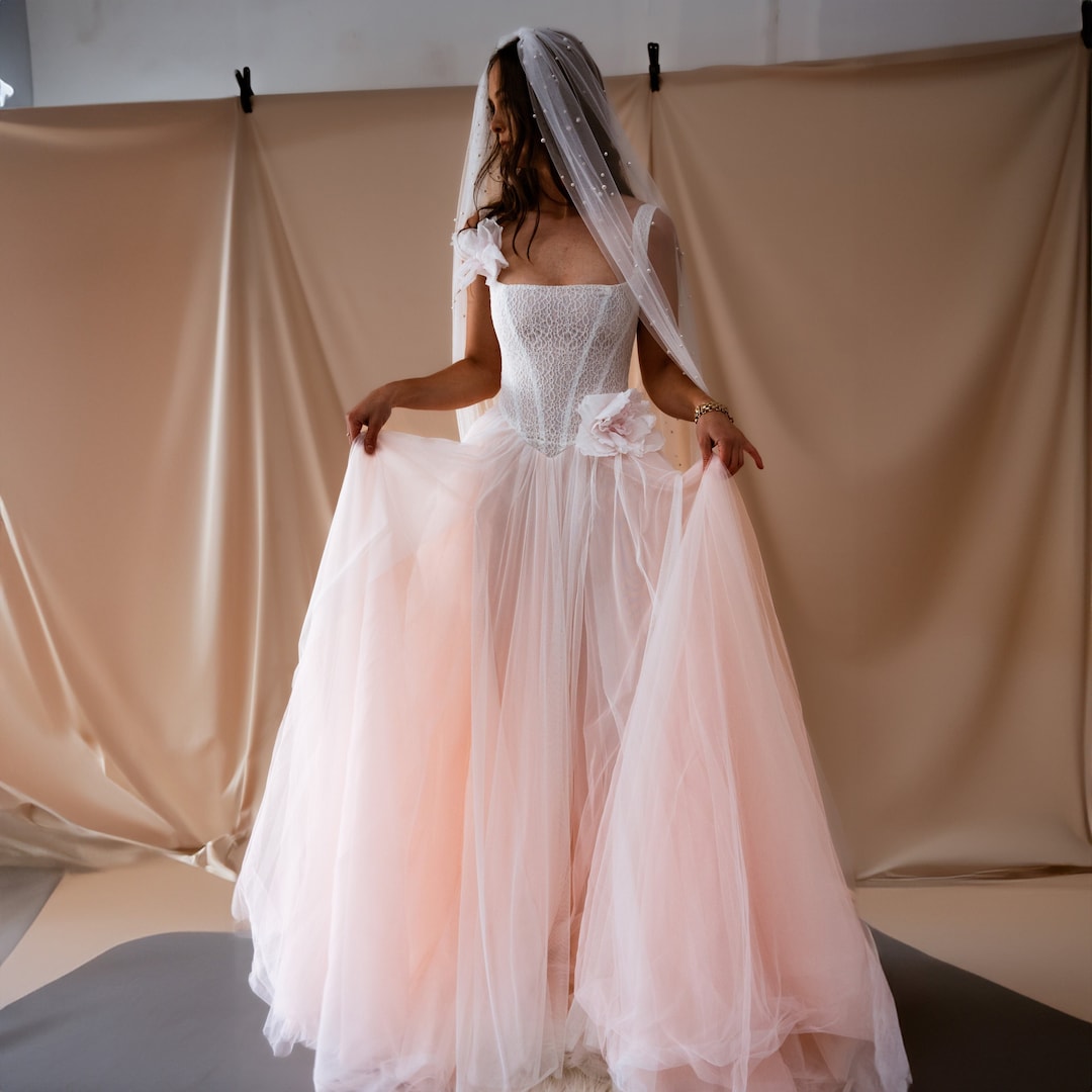 Light Pink Blush Floral Wedding Dress With Silk Flower Dropped Basque ...