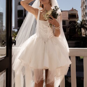 Swan Unique Satin Mini Ivory Wedding Dress with Dropped Low Corset, Square Neckline, Off-Shoulders and Tulle Skirt by Boom Blush 2023 image 8