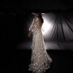 Counting Stars Boho Wedding Dress by Boom Blush. Unique Bohemian Backless Celestial Gown 2024 with Long Sleeves, Unique Lace and A Line