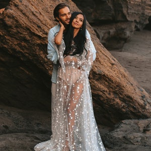 Counting Stars Boho Wedding Dress by Boom Blush. Unique Vintage Bohemian Backless Bridal Gown 2024 with Long Sleeves, Backless Celestial image 4