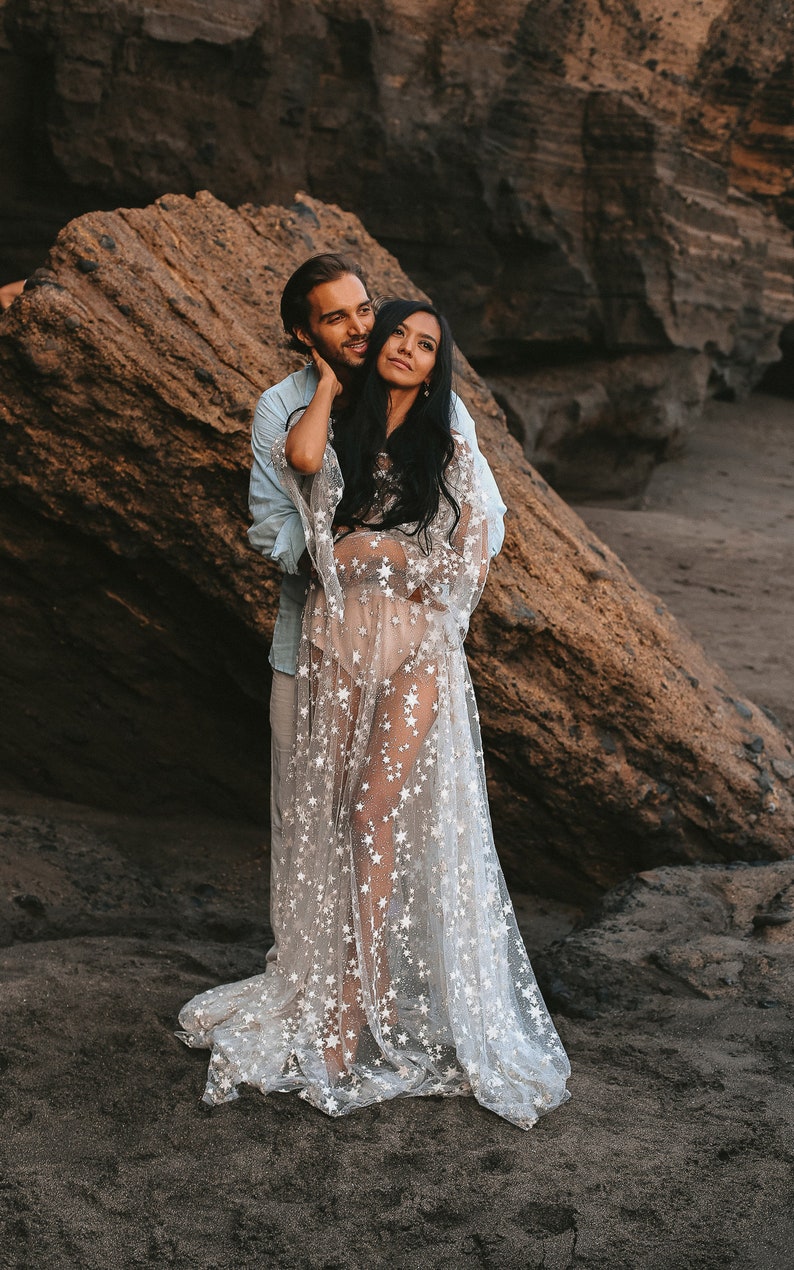 Counting Stars Boho Wedding Dress by Boom Blush. Unique Vintage Bohemian Backless Bridal Gown 2024 with Long Sleeves, Backless Celestial image 4