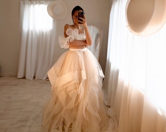 Ready or Not by Boom Blush. Unique Two Piece Wedding Dress ,Crop Top Gown, Bridal Separates Pink Ombre Tulle Minimalist Gradient Skirt 2024