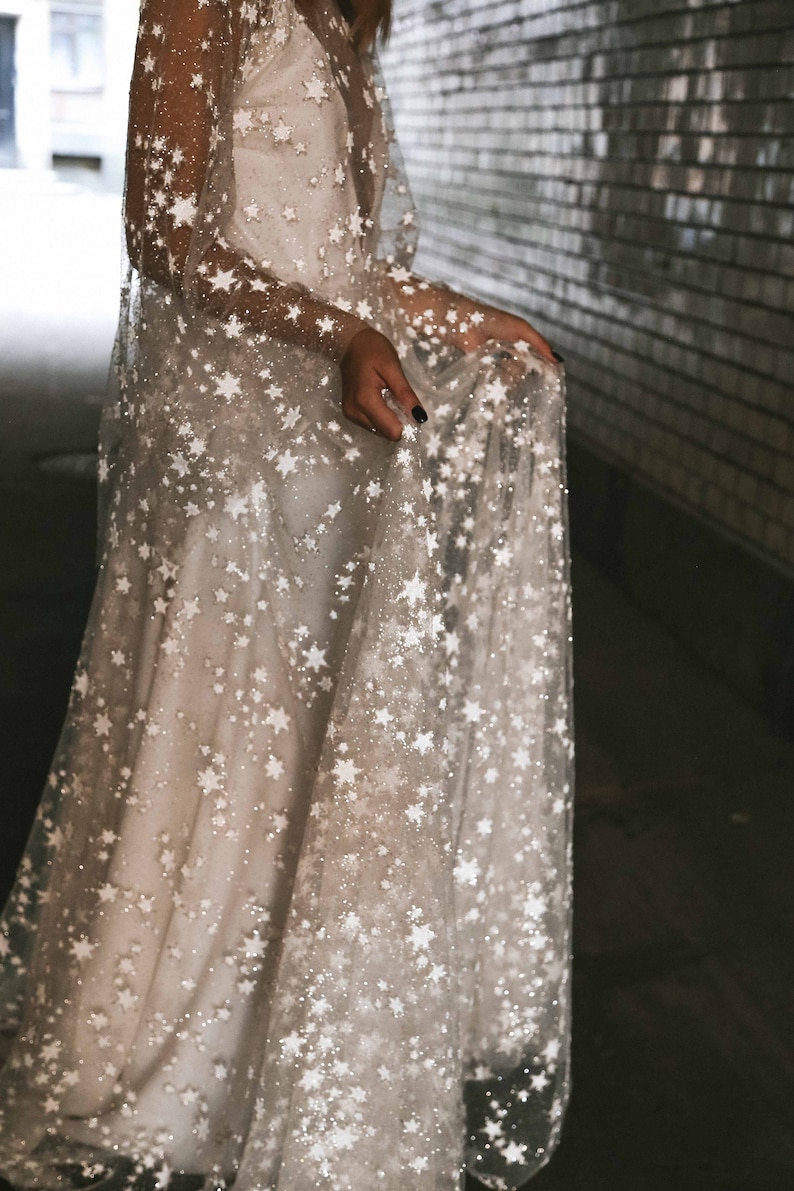 Counting Stars Boho Wedding Dress by Boom Blush. Unique Celestial Bohemian Backless Outfit 2024 with Sleeves, Unique Sparkly Bridal Gown image 4