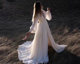 When the Moon is Out - Boho Wedding Dress by Boom Blush. Vintage A-line Bohemian Backless Gown 2023 with Balloon Sleeves, Plunging Neckline