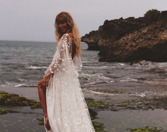 Counting Stars Boho Wedding Dress by Boom Blush. Unique Celestial Bohemian Backless Gown 2023 with Sleeves, Unique Lace and A Line Skirt