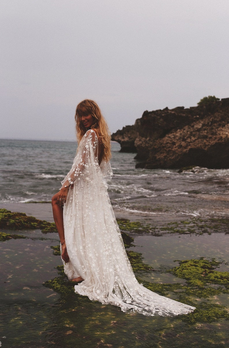 Counting Stars Boho Wedding Dress by Boom Blush. Unique Celestial Bohemian Backless Outfit 2024 with Sleeves, Unique Sparkly Bridal Gown image 2