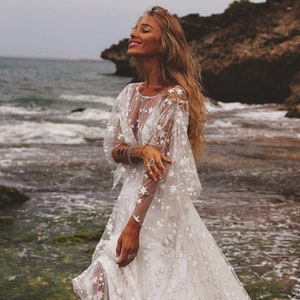 Counting Stars Boho Wedding Dress by Boom Blush. Unique Vintage Bohemian Backless Bridal Gown 2024 with Long Sleeves, Backless Celestial image 2