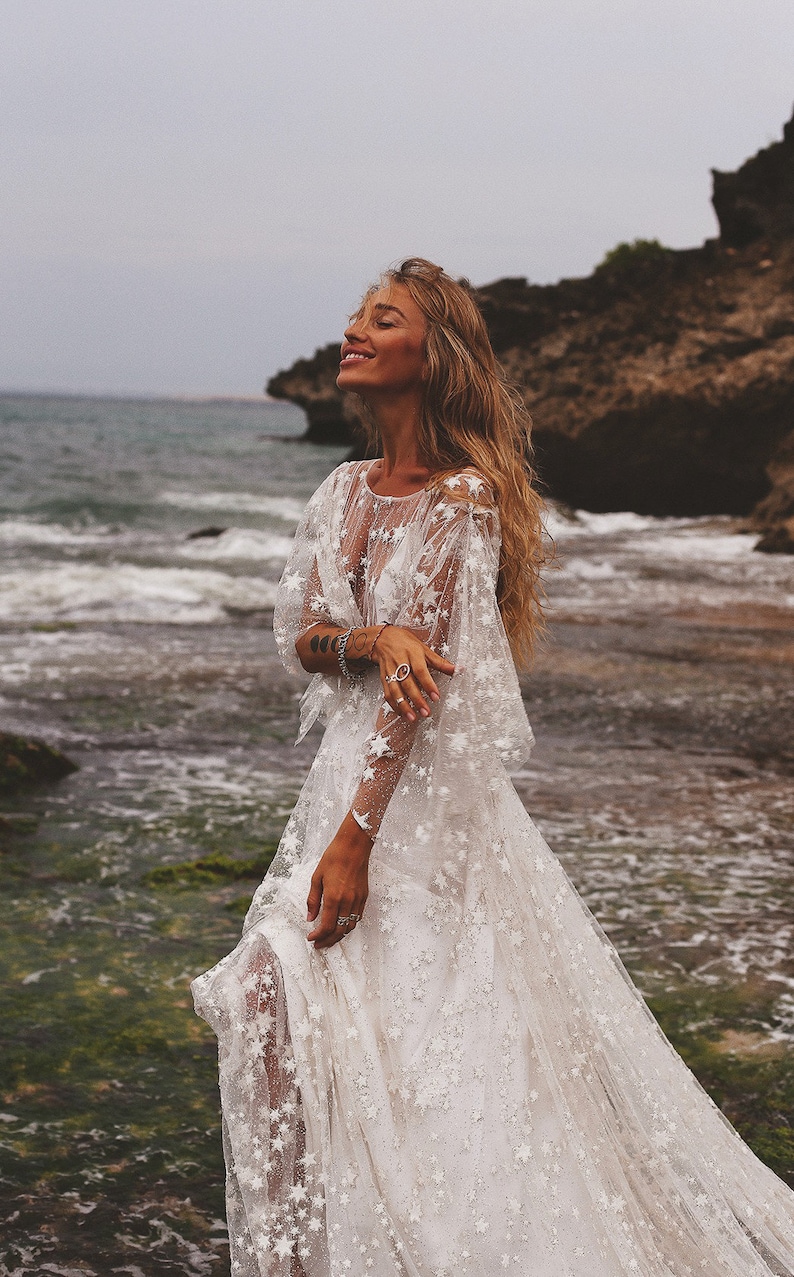 Counting Stars Boho Wedding Dress by Boom Blush. Unique Vintage Bohemian Backless Bridal Gown 2024 with Long Sleeves, Backless Celestial image 2