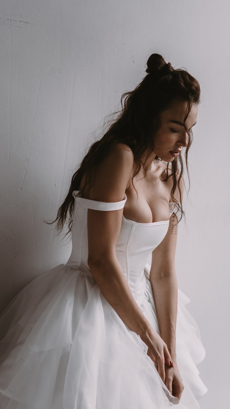 Swan Unique Satin Mini Ivory Wedding Dress with Dropped Low Corset, Square Neckline, Off-Shoulders and Tulle Skirt by Boom Blush 2023 image 5