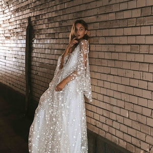 Counting Stars Boho Wedding Dress by Boom Blush. Unique Vintage Bohemian Backless Bridal Gown 2024 with Long Sleeves, Backless Celestial image 5