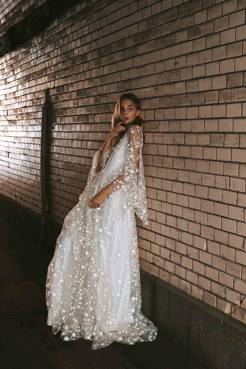 Counting Stars Boho Wedding Dress by Boom Blush. Unique Celestial Bohemian Backless Outfit 2024 with Sleeves, Unique Sparkly Bridal Gown image 5