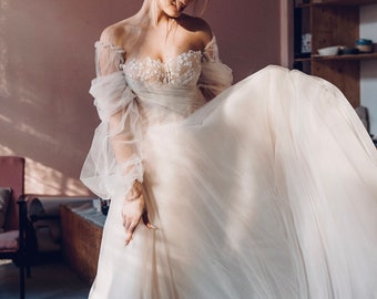 Savanna by Boom Blush, A-line Tulle Wedding Dress. Dreamy Wedding Gown with Detachable Long Sleeves, Floral Lace, Off the Shoulder, 2023.