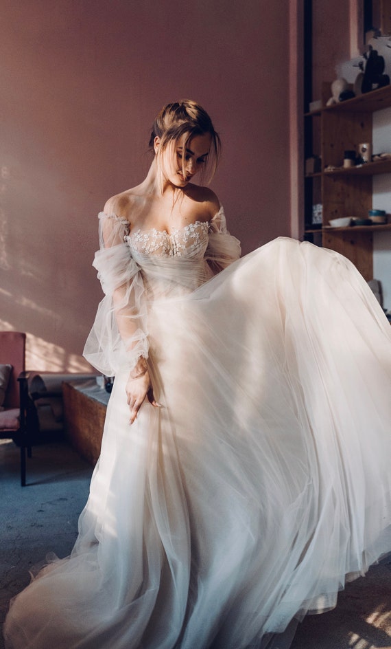 A-line Tulle Wedding Dress With Detachable Off The Shoulder Long Sleeves