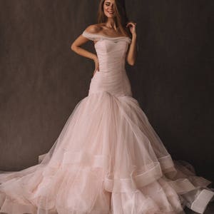 Unique Pink Wedding Dress With Ombre Skirt, Off The Shoulder. Colored Disney Mermaid Wedding Gown 2023 by Boom Blush. image 3