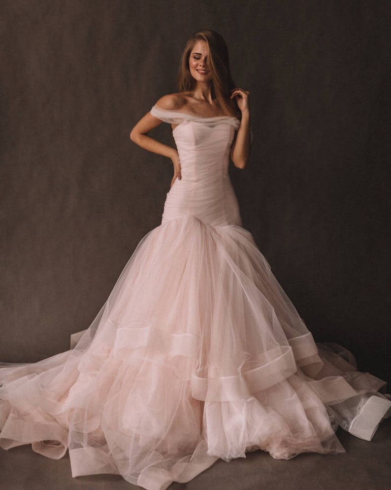 Unique Pink Wedding Dress With Ombre Skirt, Off The Shoulder. Colored Disney Mermaid Wedding Gown 2023 by Boom Blush. image 3