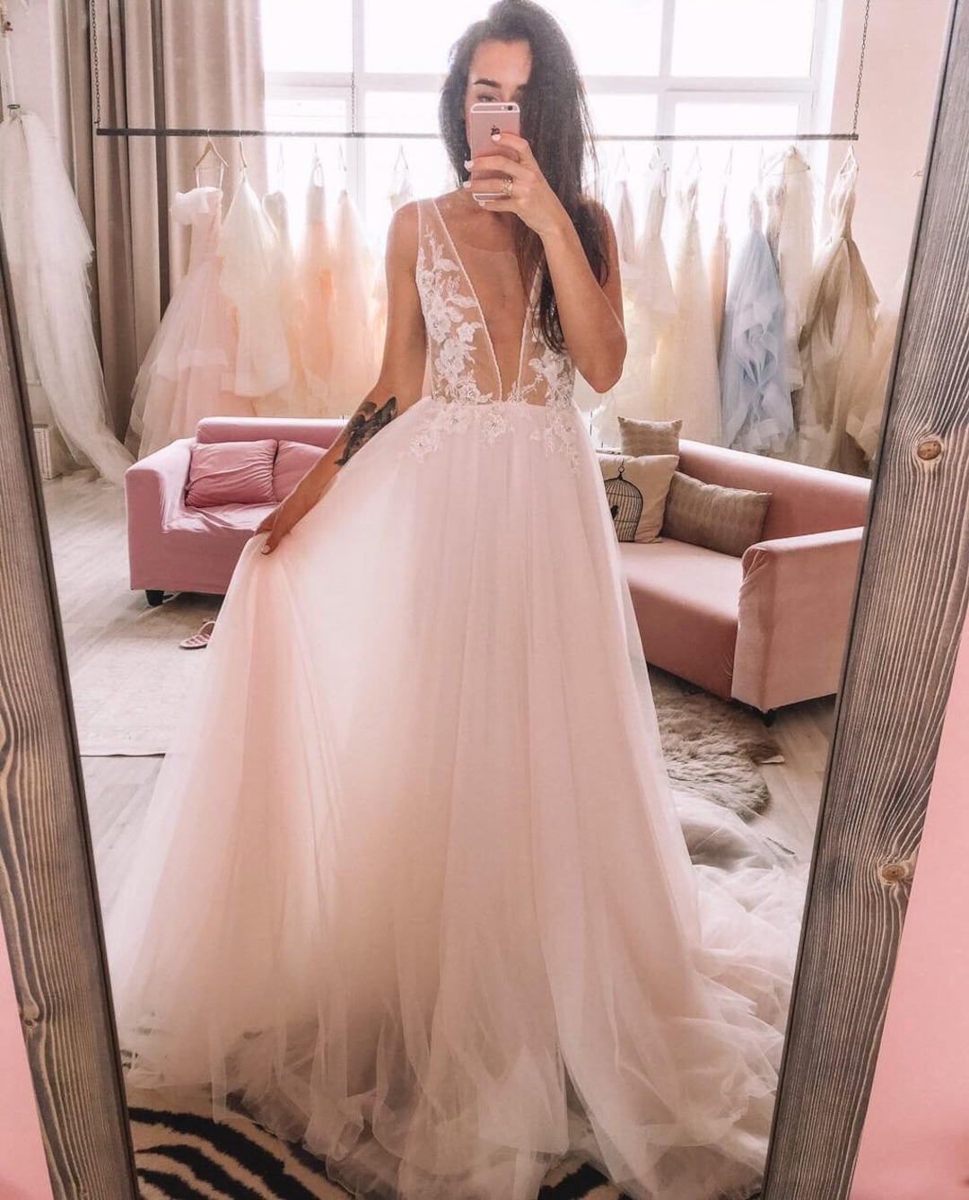 Blush Pink Tulle A Line Wedding Dress V neck Lace Long Sleeve
