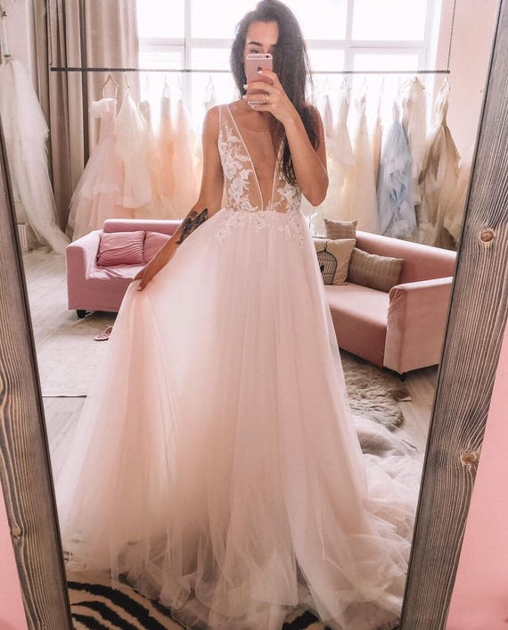 Unique Light Blush A Line Wedding Dress With Deep V-neck Sparkly