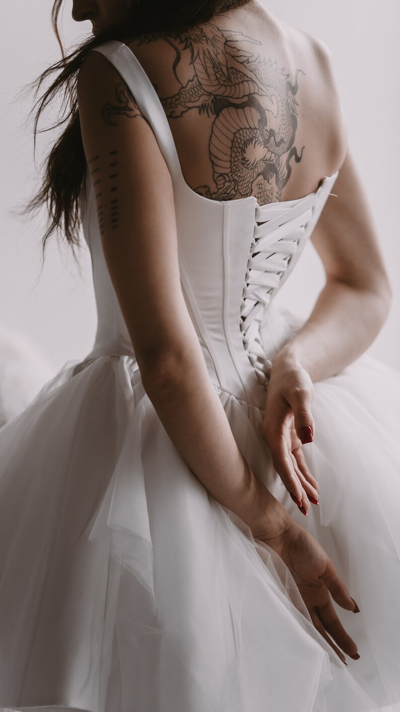 Swan Unique Satin Mini Ivory Wedding Dress with Dropped Low Corset, Square Neckline, Off-Shoulders and Tulle Skirt by Boom Blush 2023 image 3