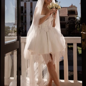 Swan Unique Satin Mini Ivory Wedding Dress with Dropped Low Corset, Square Neckline, Off-Shoulders and Tulle Skirt by Boom Blush 2023 image 10