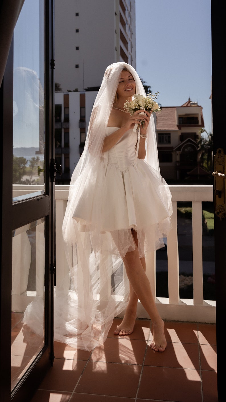 Swan Unique Satin Mini Ivory Wedding Dress with Dropped Low Corset, Square Neckline, Off-Shoulders and Tulle Skirt by Boom Blush 2023 image 10