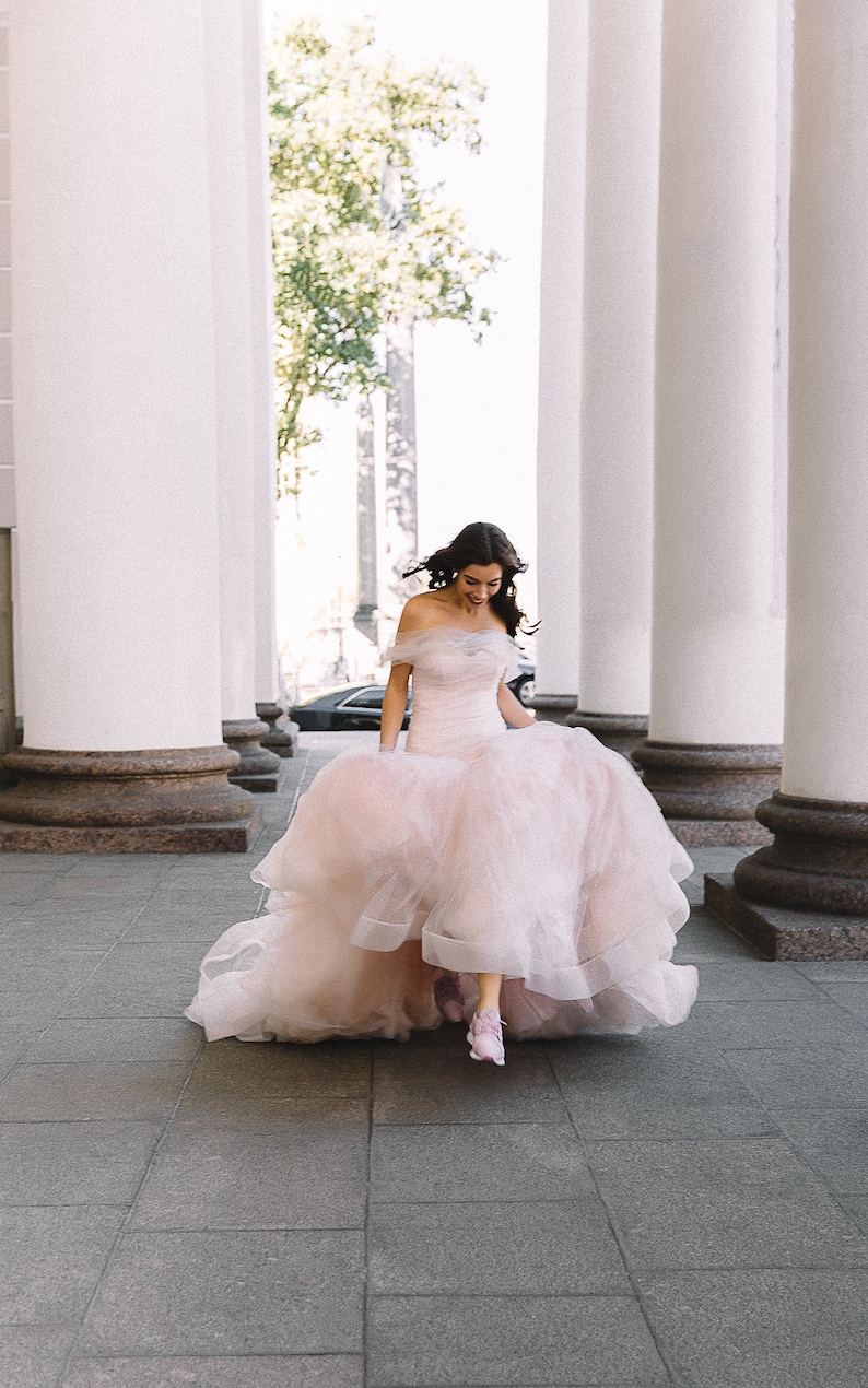 Unique Pink Wedding Dress With Ombre Skirt, Off The Shoulder. Colored Disney Mermaid Wedding Gown 2023 by Boom Blush. image 4