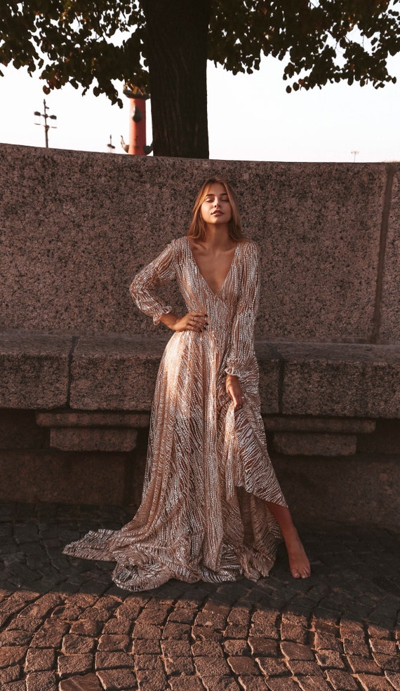 Galaxy By Boom Blush Sparkly Lace Wedding Dress With Sleeves Etsy