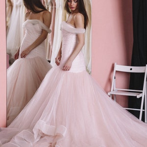 Unique Pink Wedding Dress With Ombre Skirt, Off The Shoulder. Colored Disney Mermaid Wedding Gown 2023 by Boom Blush. image 6