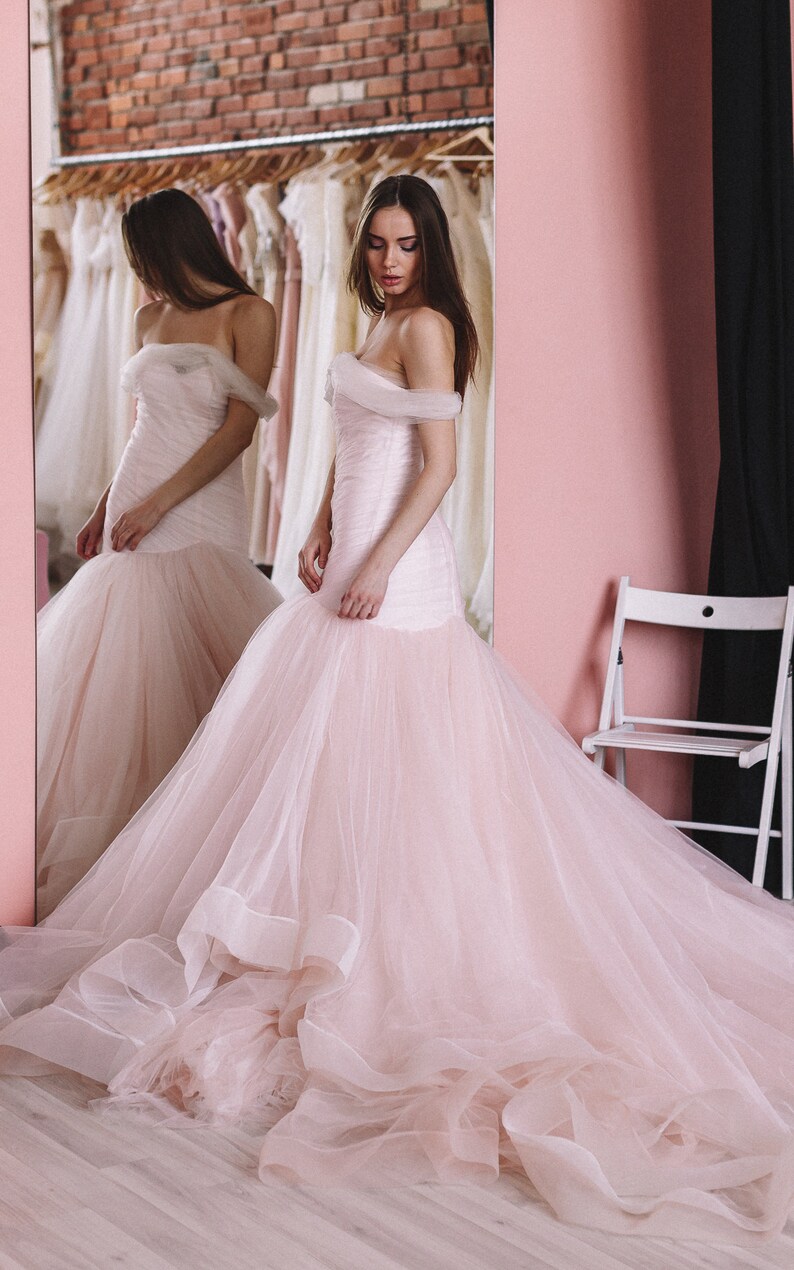 Unique Pink Wedding Dress With Ombre Skirt, Off The Shoulder. Colored Disney Mermaid Wedding Gown 2023 by Boom Blush. image 6