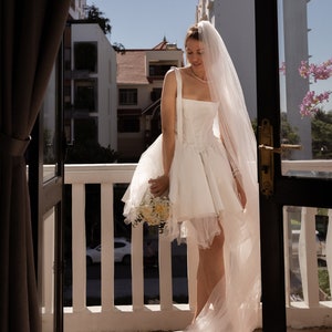 Swan Unique Satin Mini Ivory Wedding Dress with Dropped Low Corset, Square Neckline, Off-Shoulders and Tulle Skirt by Boom Blush 2023 image 2