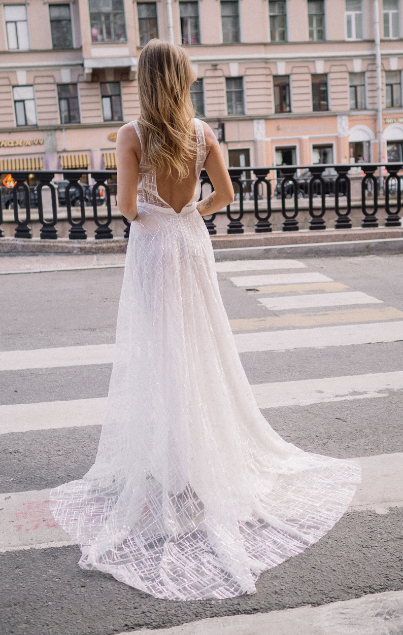 Sparkle by Boom Blush. Unique Sparkly A Line Wedding dress with Deep V Neck and open back for a modern bride, 2023 image 6