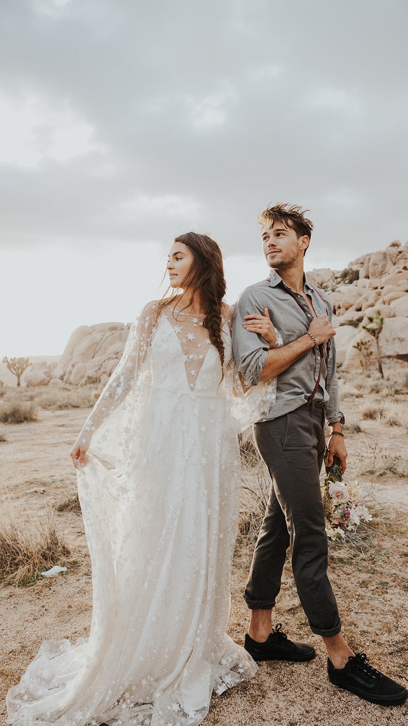 Counting Stars Boho Wedding Dress by Boom Blush. Unique Vintage Bohemian Backless Bridal Gown 2024 with Long Sleeves, Backless Celestial image 10