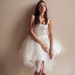 Swan Unique Satin Mini Ivory Wedding Dress with Dropped Low Corset, Square Neckline, Off-Shoulders and Tulle Skirt by Boom Blush 2023 image 1