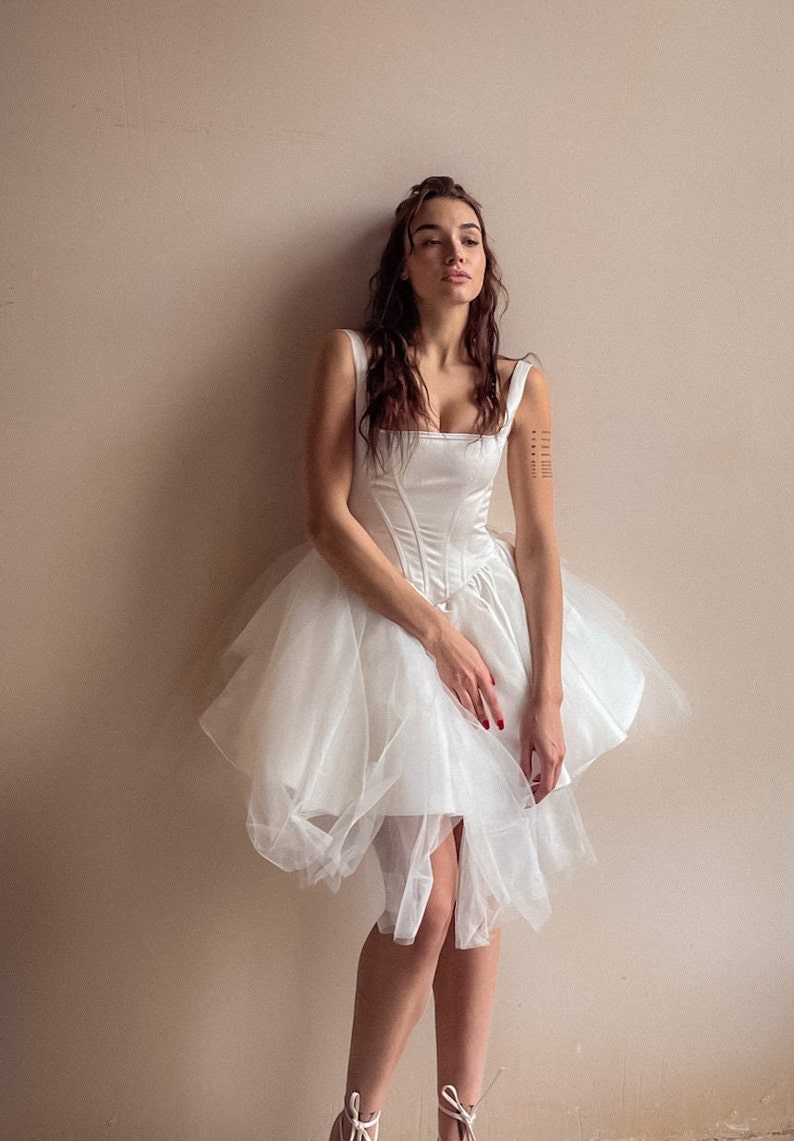 Swan Unique Satin Mini Ivory Wedding Dress with Dropped Low Corset, Square Neckline, Off-Shoulders and Tulle Skirt by Boom Blush 2023 image 1