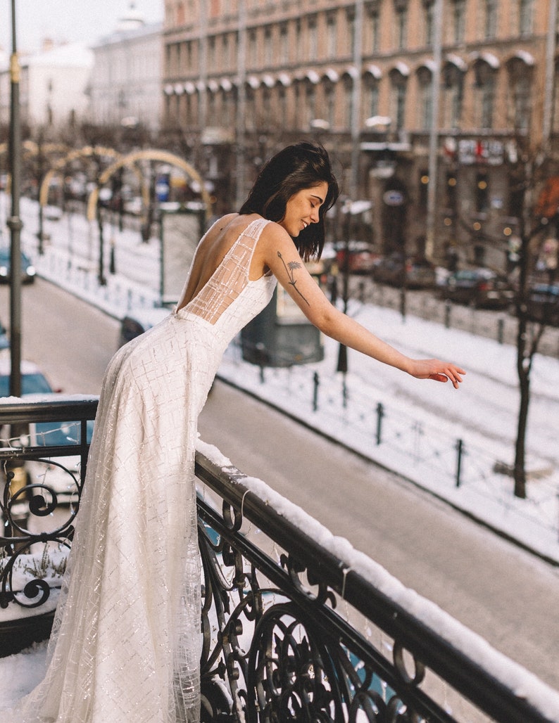 Sparkle by Boom Blush. Unique Sparkly A Line Wedding dress with Deep V Neck and open back for a modern bride, 2023 image 5