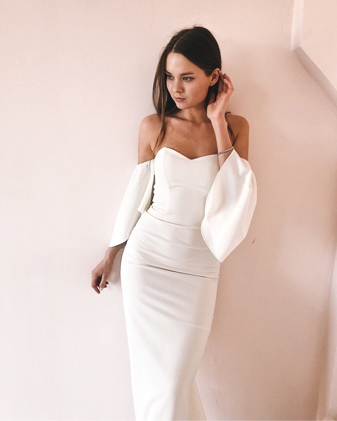 Unique Simple Wedding Dress With Sleeves, off the Shoulder. Casual ...