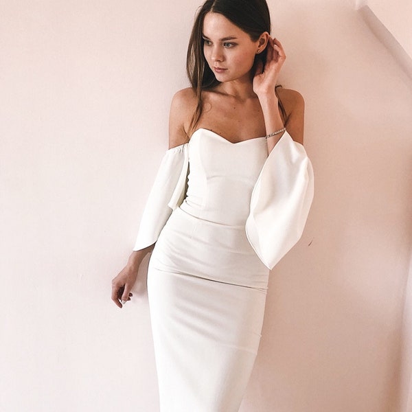 Unique Simple Wedding Dress With Sleeves, Off The Shoulder. Casual, Bohemian and Minimalistic Boho Mermaid Wedding Gown 2023 by Boom Blush.