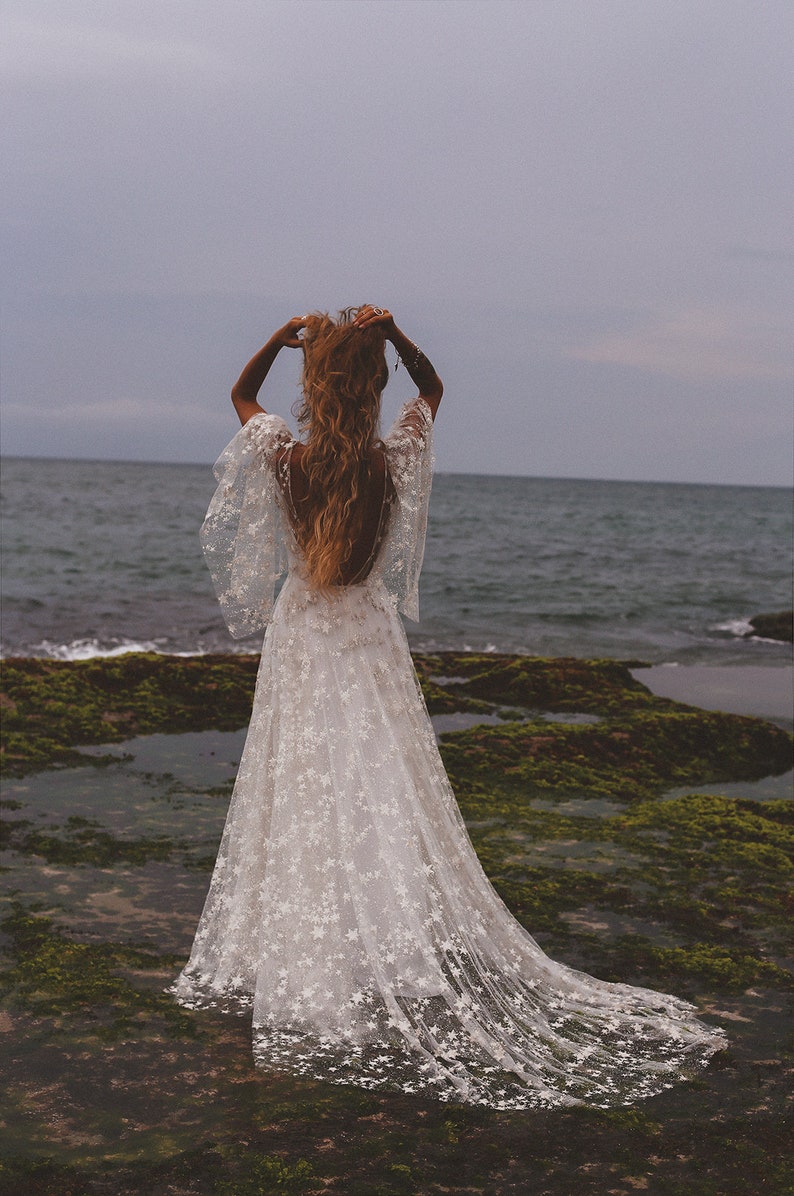 Counting Stars Boho Wedding Dress by Boom Blush. Unique Celestial Bohemian Backless Outfit 2024 with Sleeves, Unique Sparkly Bridal Gown image 8