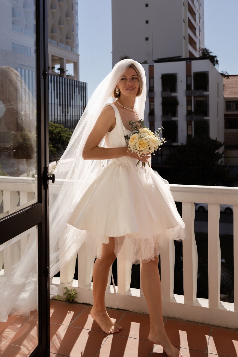 Swan Unique Satin Mini Ivory Wedding Dress with Dropped Low Corset, Square Neckline, Off-Shoulders and Tulle Skirt by Boom Blush 2023 image 9