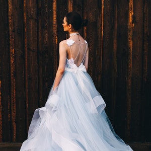 Custom Blue Tulle Wedding Dress by Boom Blush | Dream Boho Backless Tulle Wedding Gown 2023 with Floral Lace