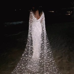 Ethereal Unique Dreamy Boho Wedding Dress Cape with Stars. Unique Bridal Accessory for Celestial Wedding, Reception, Boho Romantic Elopement