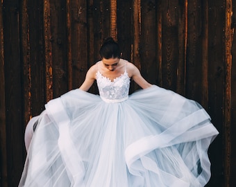 Ready or Not Tulle Bridal Skirt. Unique Two Piece Fairy Wedding Gown, Bridal Separates,Crop Top Dress, Blue Colored Ombre Wedding Dress 2024