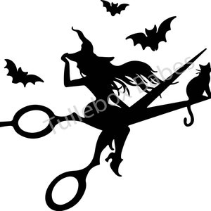 May include: A black silhouette of a witch riding a pair of scissors with a black cat perched on the handle. The witch is wearing a pointed hat and has long hair. There are three bats flying in the background.