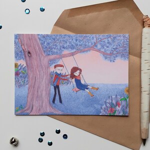 postkaart met illustratie van samen spelende kinderen, met envelop, ode aan vriendschap, fantasie kaart, vrienden in een lente tuin print