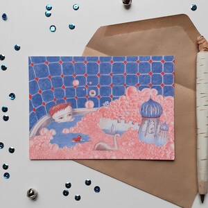 postkaart met illustratie van een spelend kind in bad, met envelop, ode aan verbeelding, fantasie kaart, dromen, sprookjes print