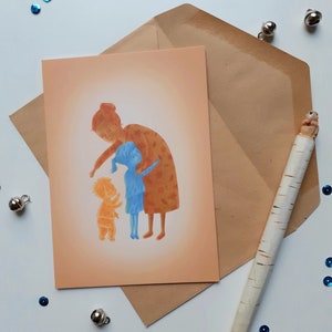 postkaart, kaart met envelop, oma en kleinkinderen, knuffel, vriendschap, liefde, knuffel illustratie, warme groeten, lief kaartje, familie