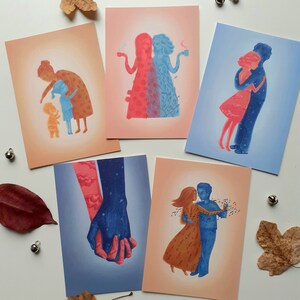 postkaarten, setje kaarten met envelop, vriendschap, liefde, knuffel illustratie, warme groeten, lief kaartje, beste vrienden, steun