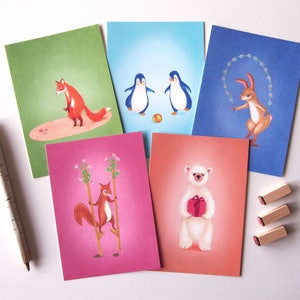 lieve dieren kaarten, set postkaarten, uitnodiging voor kinderfeestje, dieren print, vos kaart, kinder kaarten, pinguin eekhoorn konijn beer
