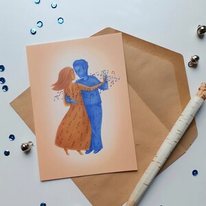 postkaart, kaart met envelop, dansend paar, muziek, vriendschap, liefde, knuffel illustratie, warme groeten, lief kaartje, beste vrienden