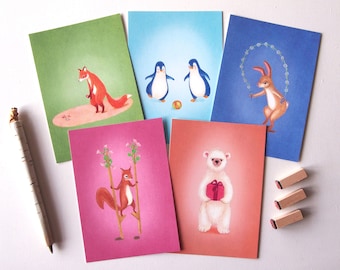 lieve dieren kaarten, set postkaarten, uitnodiging voor kinderfeestje, dieren print, vos kaart, kinder kaarten, pinguin eekhoorn konijn beer